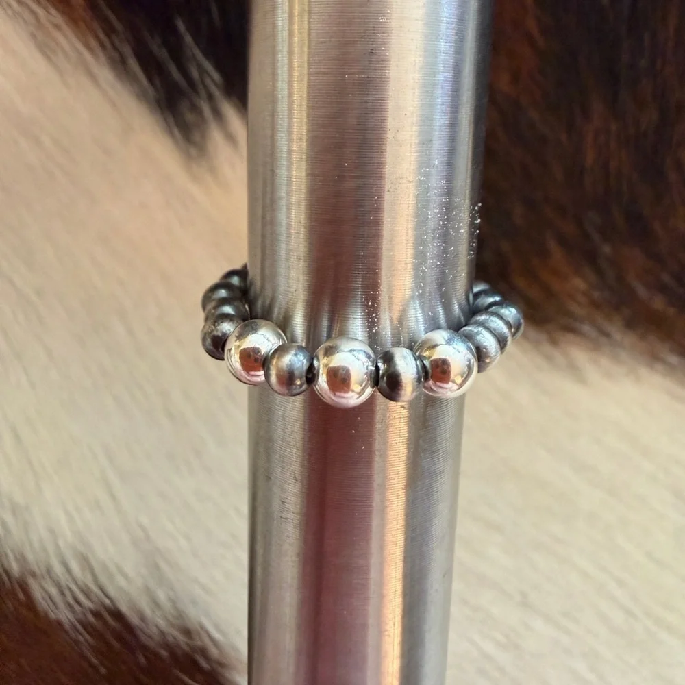 ❤️ 3mm Desert Pearl & Shiny Beads Sterling Silver Stretchy Adjustable Ring